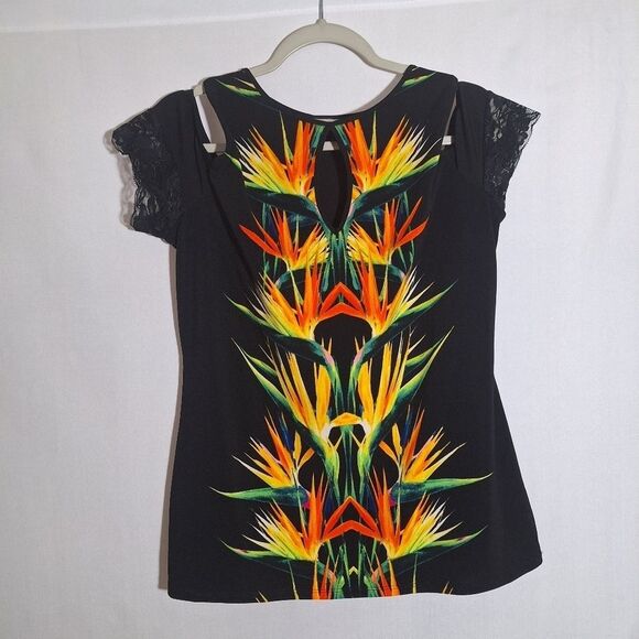 Bisou Bisou Womens Black Tropical Blouse Cold Shoulder Lace Armband Floral XL - Picture 3 of 10